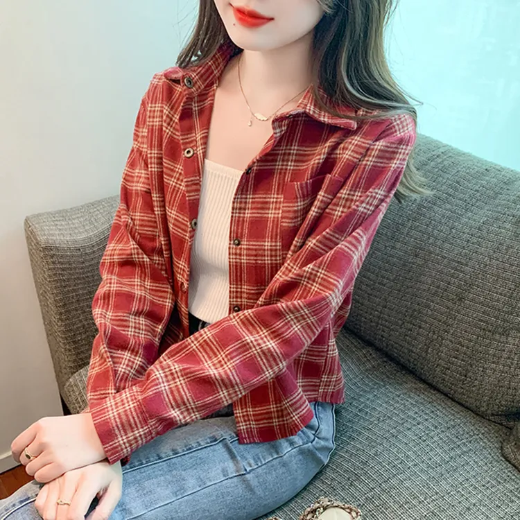 磨毛复古格子衬衫外套女春秋2025新款长袖上衣小个子短款气质衬衫