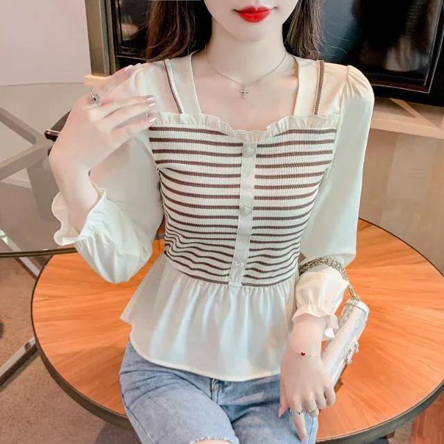 假两件打底衫春季2025新款女装时髦时尚洋气条纹显瘦百搭长袖上衣