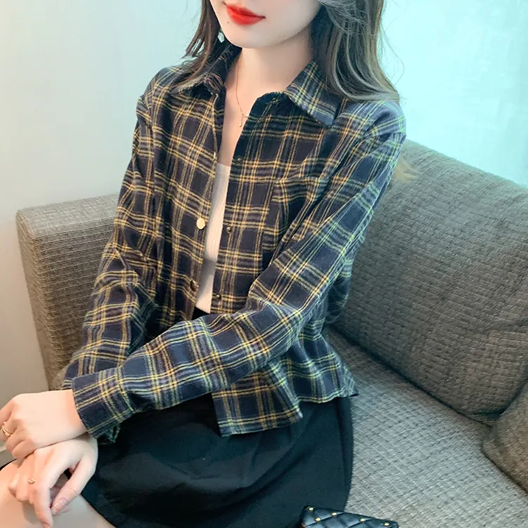 磨毛复古格子衬衫外套女春秋2025新款长袖上衣小个子短款气质衬衫