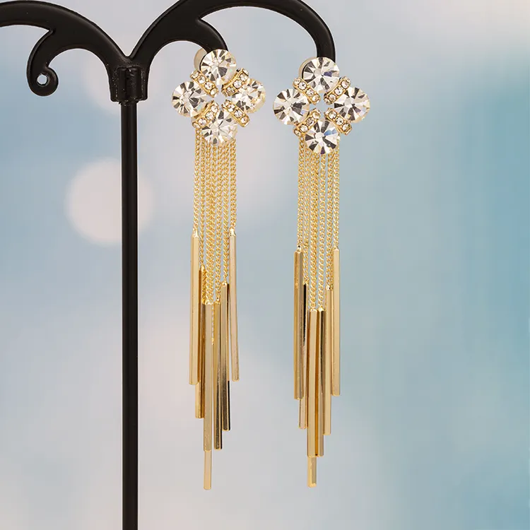 铜合金合成锆石耳饰 幸运四叶花流苏长款耳环百搭显气质耳饰1644