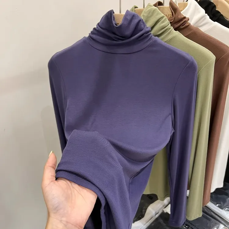 高弹软糯面膜T恤女长袖秋冬堆堆领加绒打底衫修身高领内搭上衣服