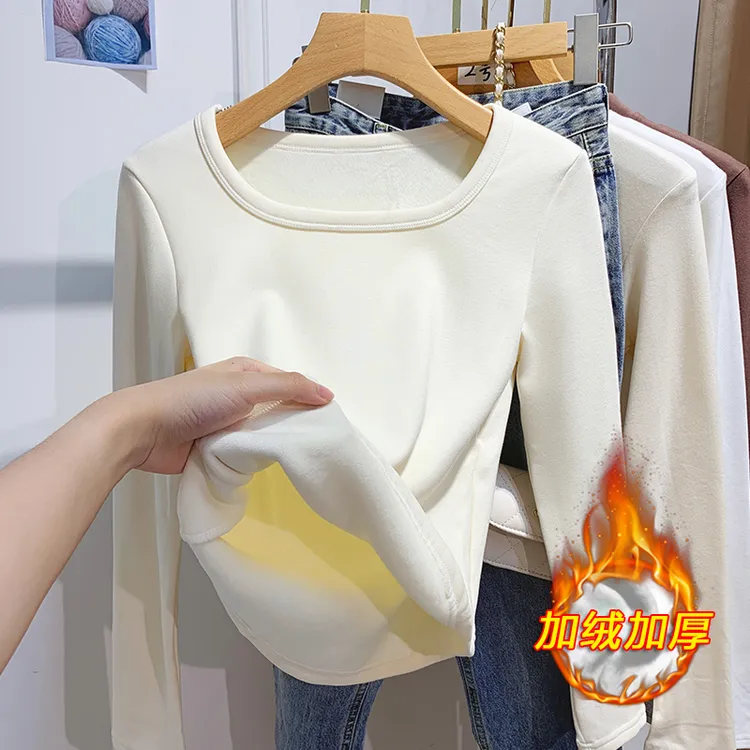 加绒加厚方领打底衫女秋冬保暖短款内搭上衣一体绒长袖百搭T恤潮