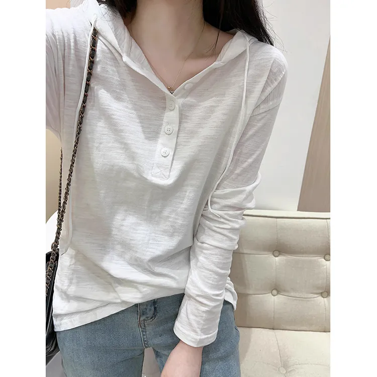 宽松竹节纯棉连帽卫衣长袖t恤女早春薄款韩版休闲运动设计感上衣