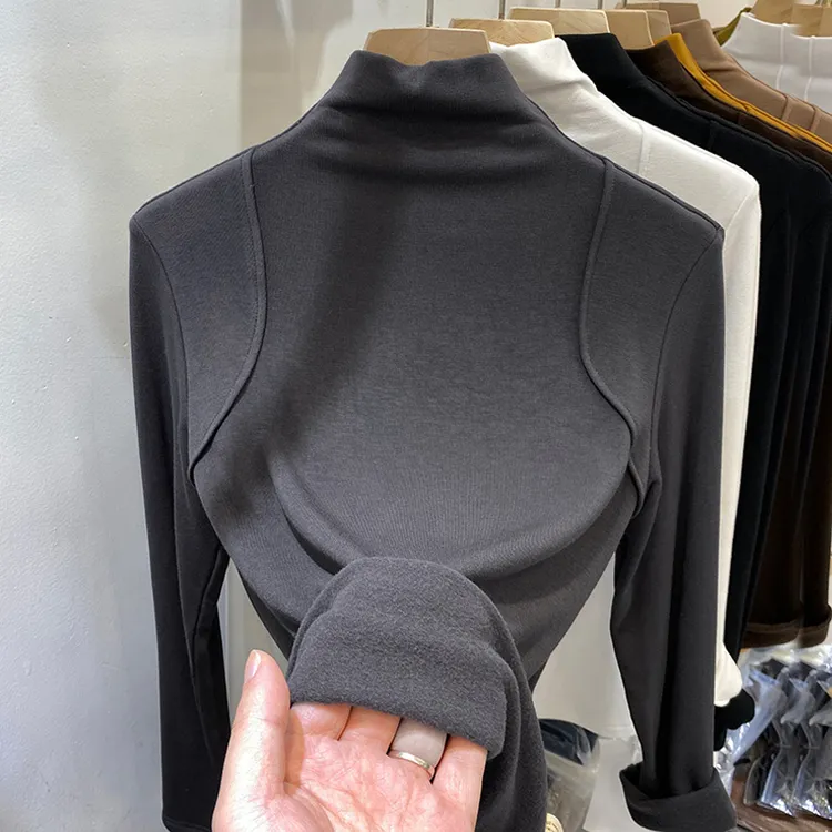 半高领打底衫女装2025年秋冬长袖保暖t恤洋气内搭磨毛薄绒上衣ins