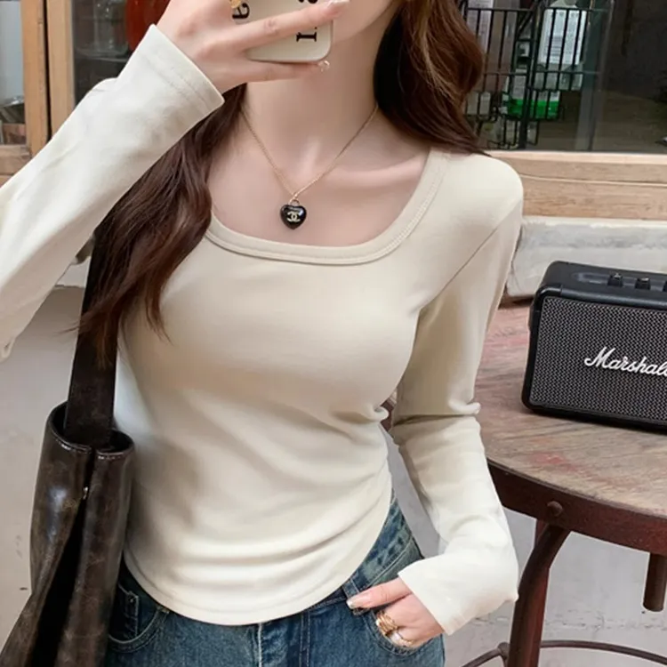 韩版紧身长袖显瘦T恤女白色春秋百搭洋气修身圆领设计感小众上衣