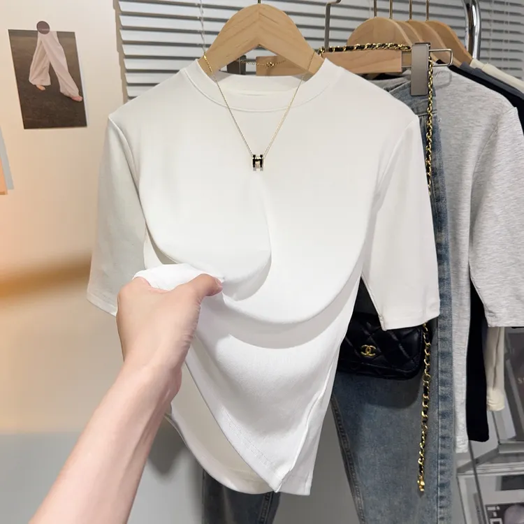 圆领中袖T恤女2025新款夏季修身显瘦气质内搭五分袖打底衫上衣ins