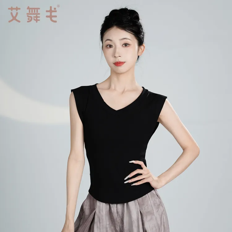 成人夏季短袖练功服现代舞古典舞舞蹈服女上衣纯欲V领收腰显瘦t恤