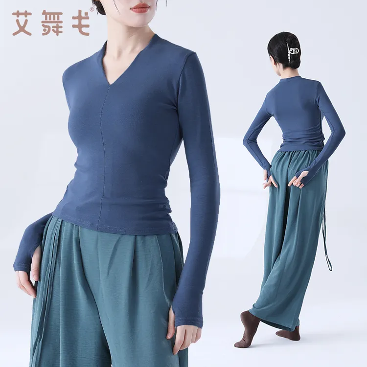 成人女春秋艺考服古典舞中国舞现代舞V领上衣练功服修身长袖套指