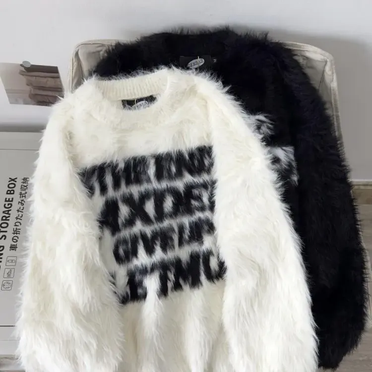 慵懒风仿貂绒oversize毛衣男女秋冬宽松字母小众圆领潮牌针织衫