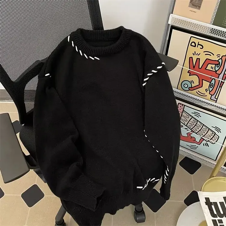 秋冬新款毛衣男士小众明线设计感针织衫宽松美式潮流痞帅内搭线衣