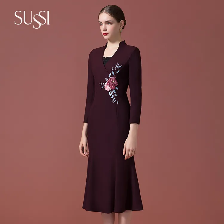 SUSSI/古色24秋冬商场同款酒红色羊毛妈妈婚宴礼服连衣裙