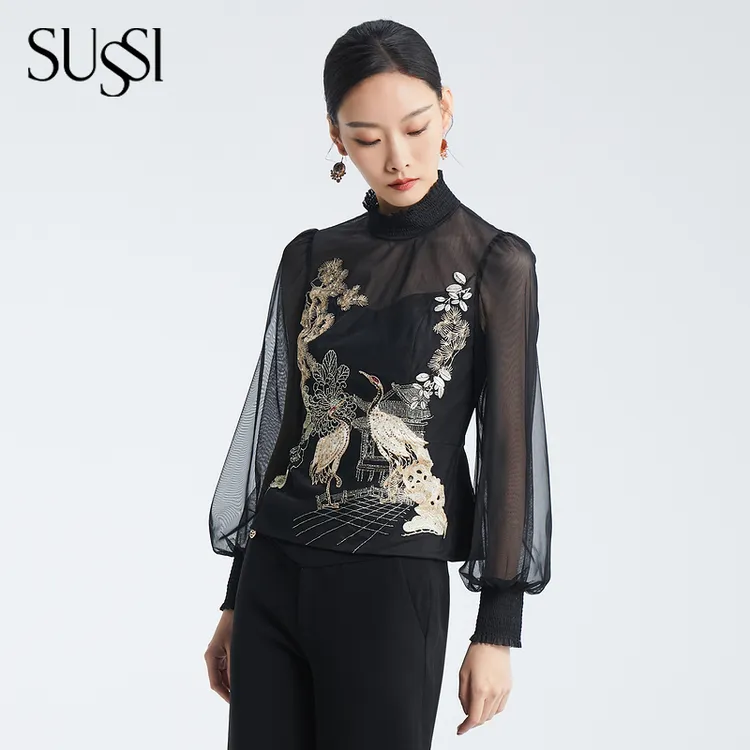 SUSSI古色丨“祥云山鹤”新中式山野黑重工刺绣宫廷古典风上衣女装