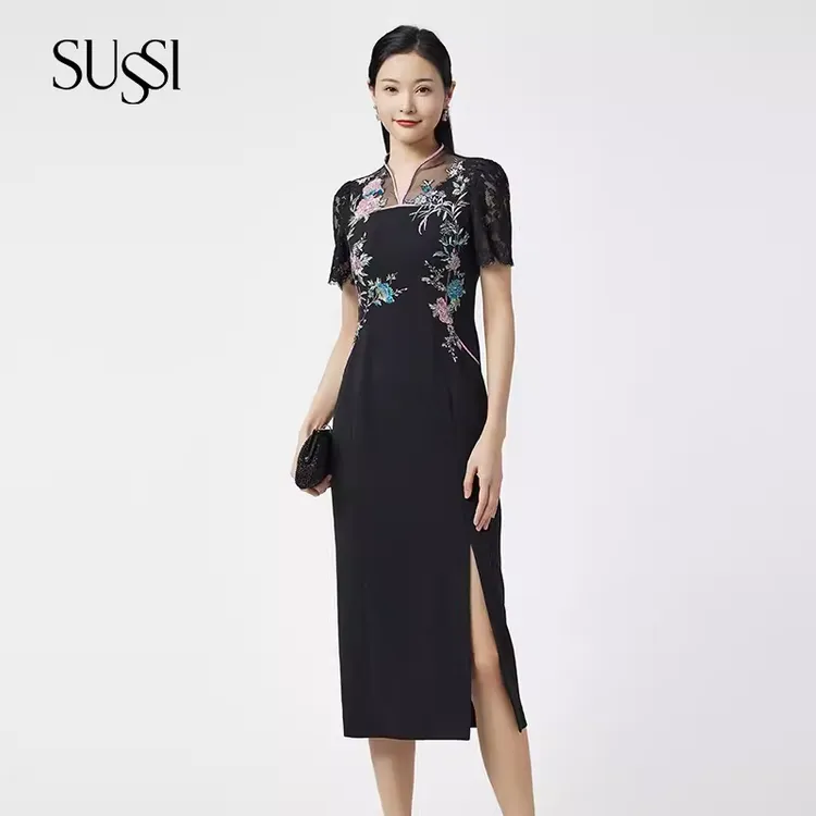 SUSSI/古色24夏季商场同款黑色蕾丝新中式时尚改良旗袍连衣裙气质