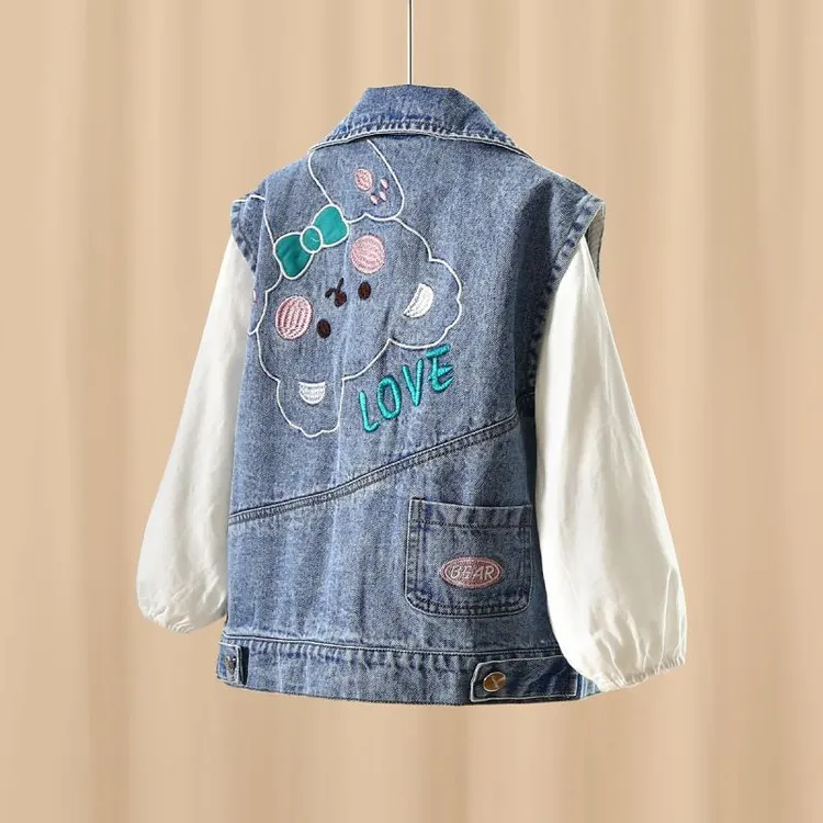 女童牛仔马甲女童外套2023新款春秋背心外穿 love小熊刺绣马夹潮