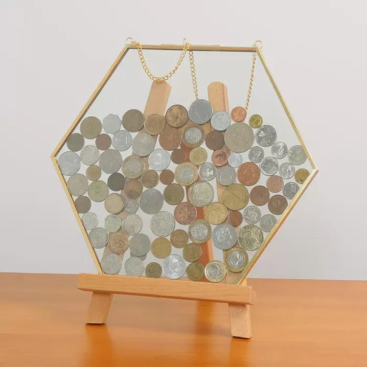 六边形硬币展示框收藏金属相框玻璃透明装饰收纳简约复古画框摆件