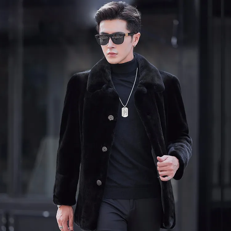 貂皮大衣男整貂皮草中长款纽扣翻领貂皮外套黑貂扣子款宝嘉美男装