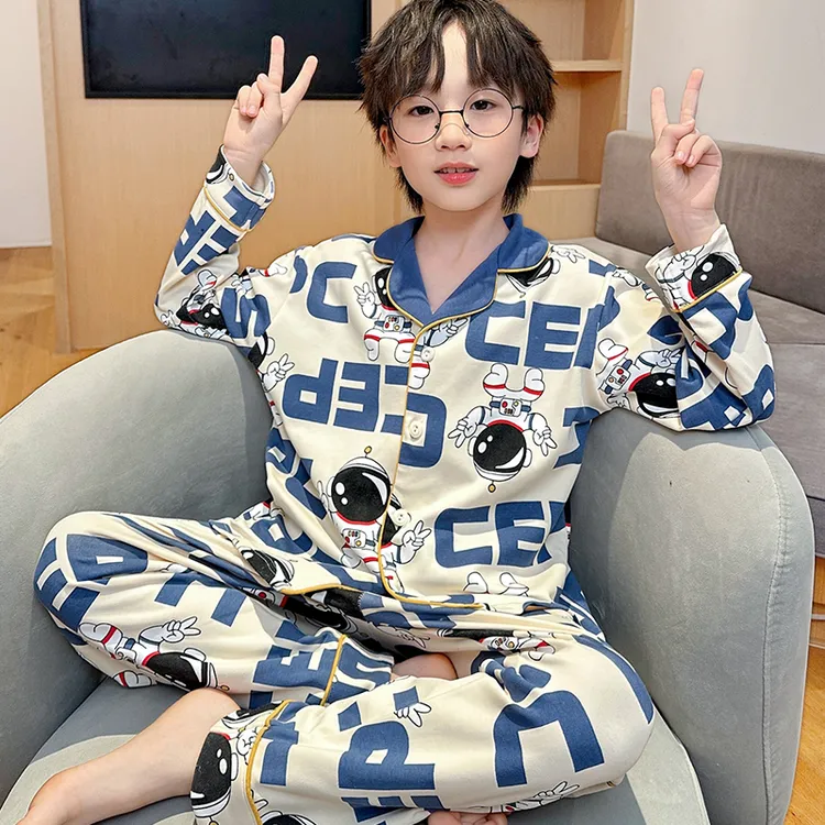2025新款儿童睡衣纯棉长袖男童春秋季青少年13岁太空人卡通家居服