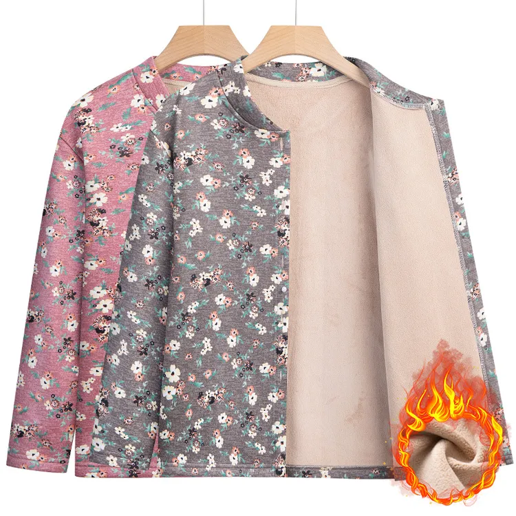 中老年人保暖内衣女加绒开衫冬季保暖妈妈外套奶奶秋衣打底衫冬