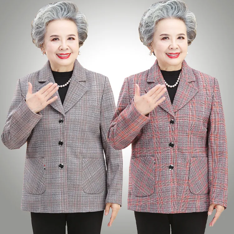 洋气奶奶春装小西服中老年人衣服女妈妈格子上衣太太春秋西装外套