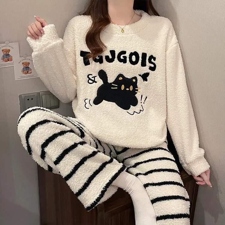 软绵绵睡衣女秋冬季可爱宽松珊瑚绒加厚半边绒冬天女款家居服套装