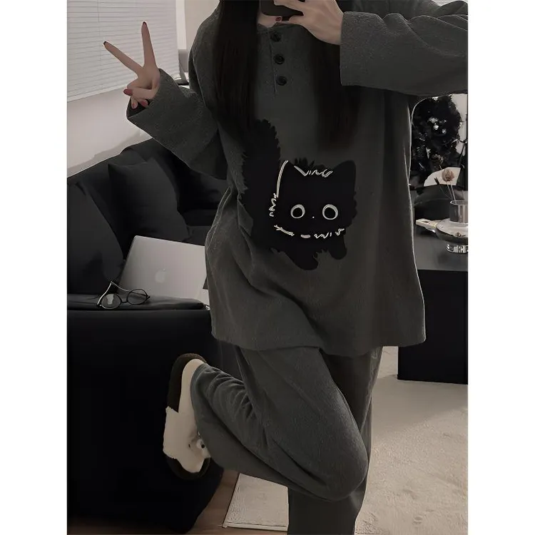 日系德绒睡衣女款秋冬季加厚保暖2024新款ins休闲学生卡通家居服