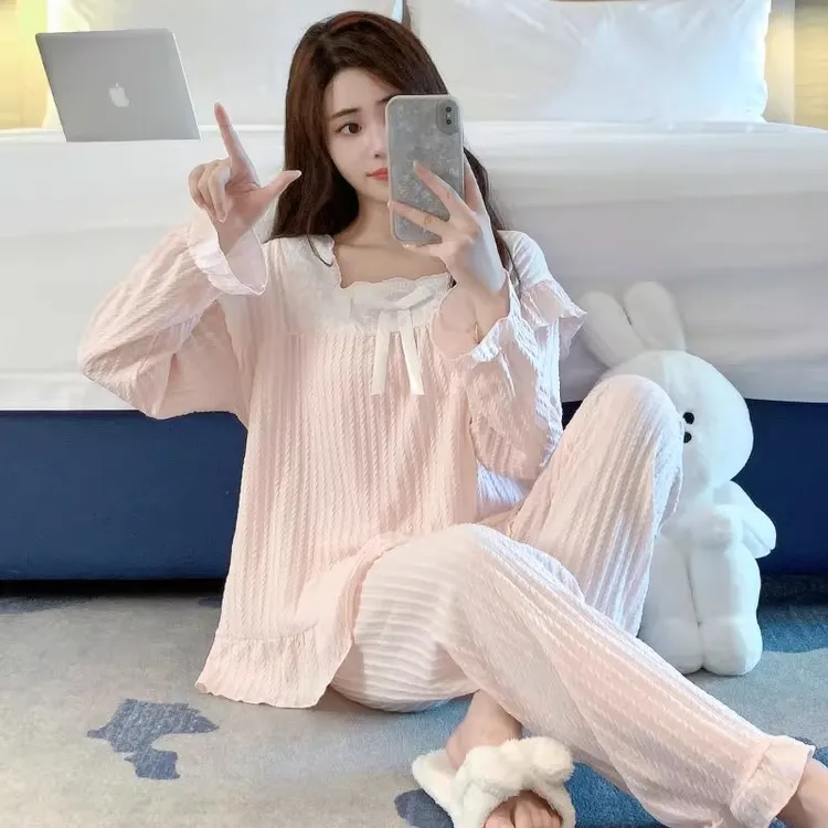 睡衣女春秋季棉质长袖长裤宽松纯色甜美少女公主风宫廷家居服套装