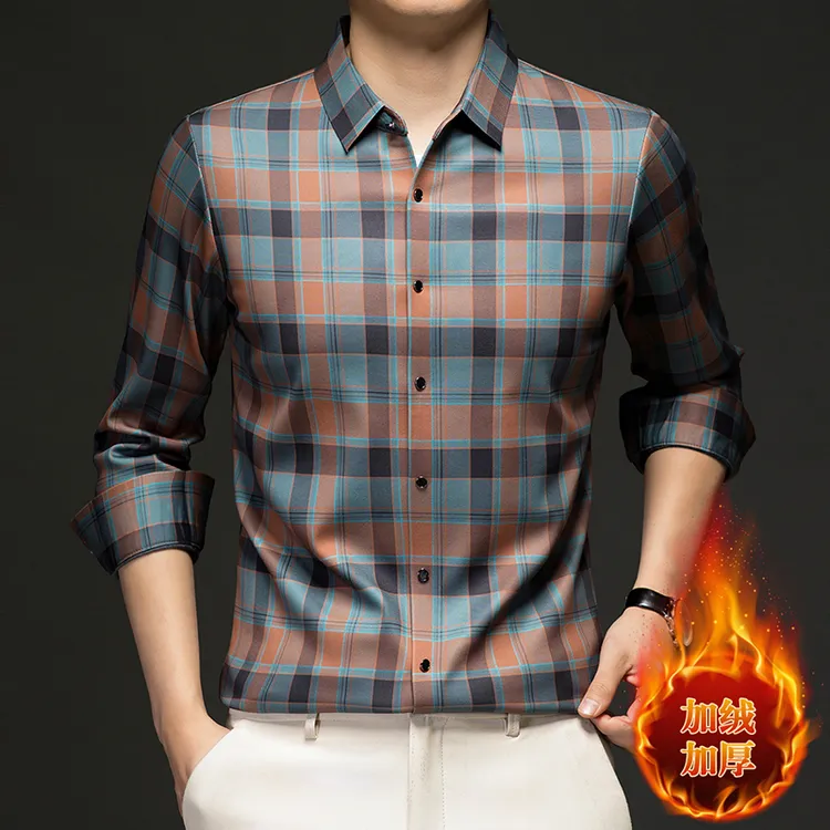 【专柜同款】高端轻奢冬季新款格子长袖衬衫男士休闲商务加绒衬衣