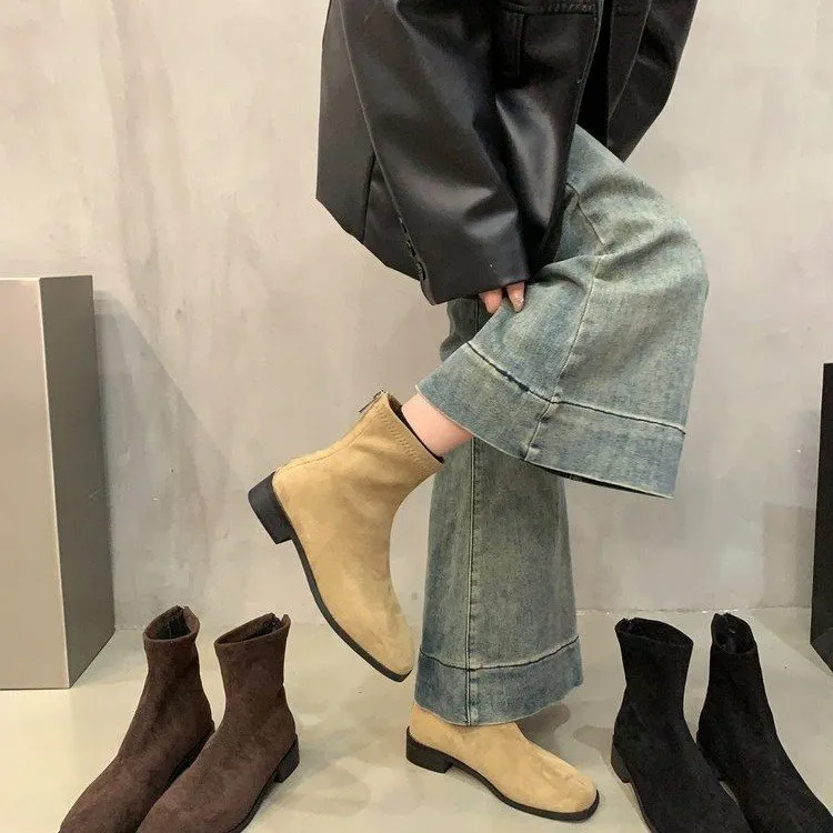 绒面韩版方头瘦瘦靴2024秋冬季复古裸靴后拉链马丁靴美拉德短靴子
