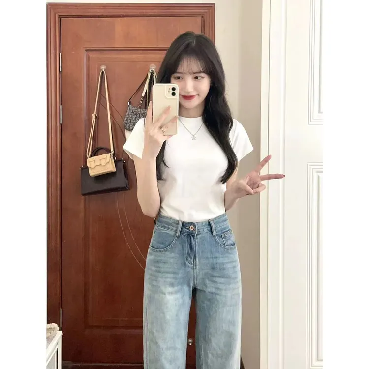 CST正肩短袖t恤女夏季新款小众设计感修身打底衫圆领体恤收腰上衣