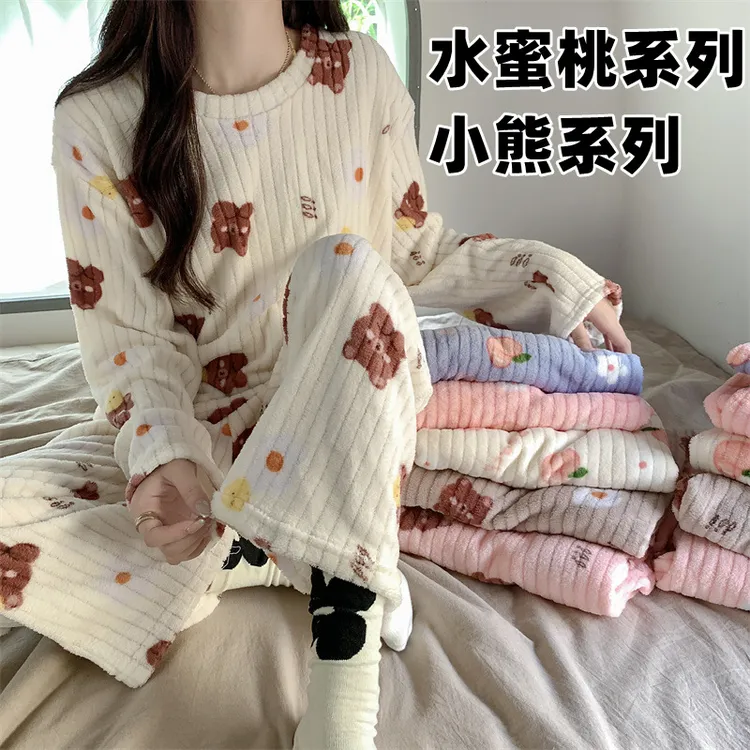 水蜜桃印花珊瑚绒圆领睡衣套装秋冬保暖仙女暖暖家居服两件[680]
