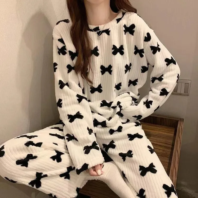 【新款】2025秋冬蝴蝶结加厚抽条暖暖套装休闲家居服睡衣珊瑚绒女款