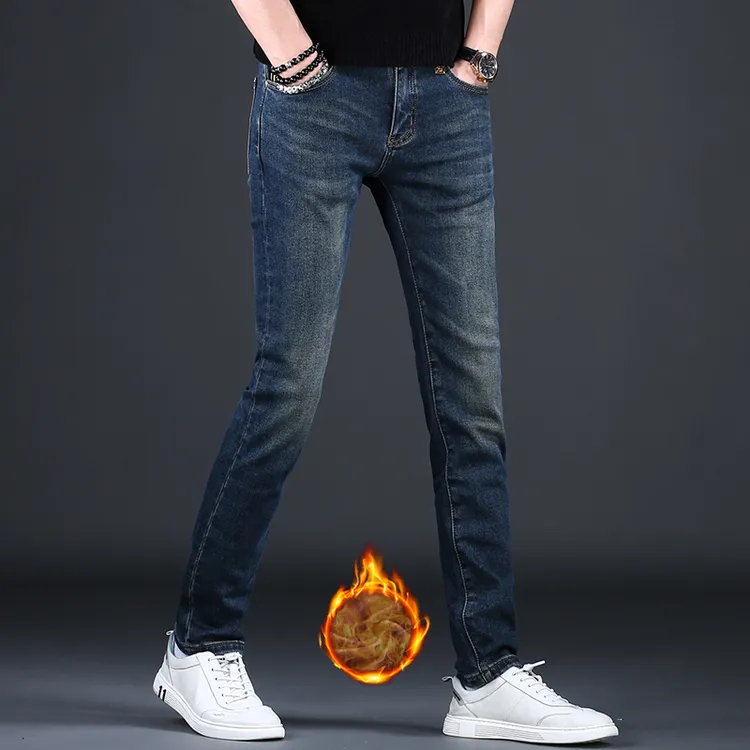 高端轻奢牛仔裤男款爆款2025新款冬季加绒加厚潮牌弹力修身小脚裤