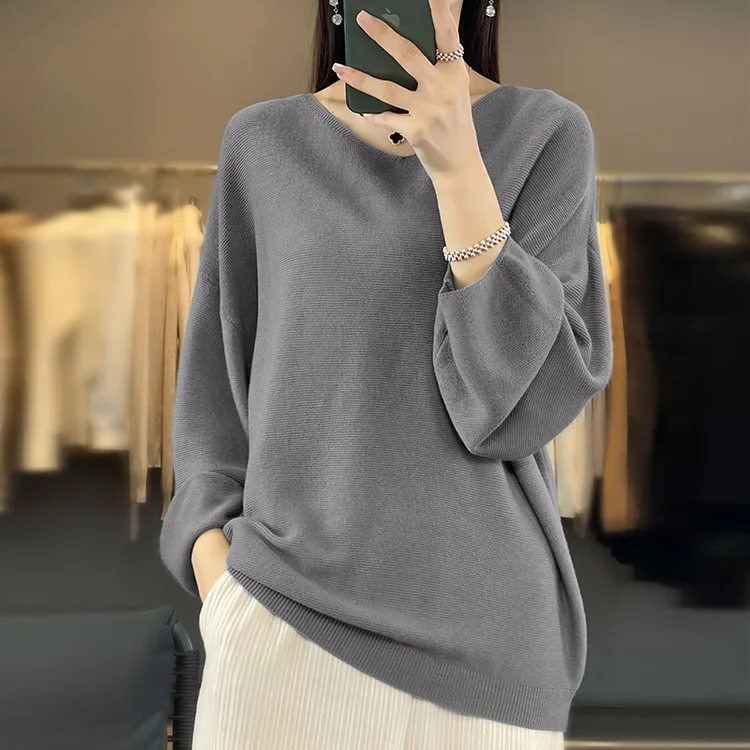 落肩V领针织衫女韩范慵懒纯色毛衣百搭长袖上衣气质休闲打底衫