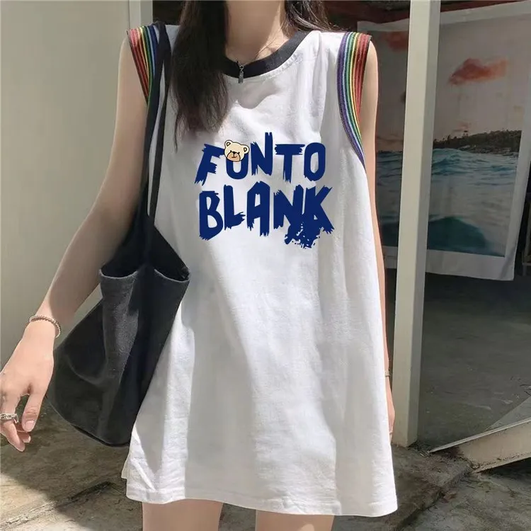 纯棉多巴胺背心女外穿夏中长款无袖t恤坎肩宽松休闲运动遮屁上衣