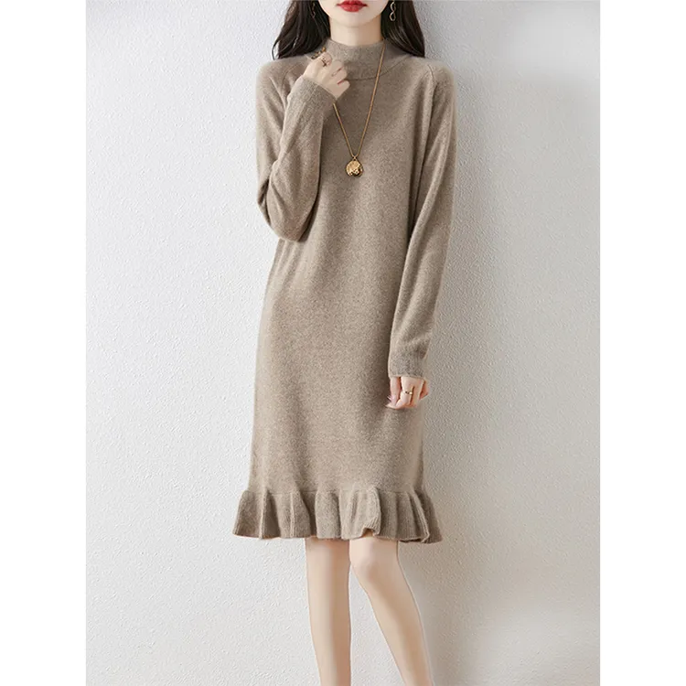 高档半高领纯羊毛包臀裙连衣裙秋冬时尚洋气气质中长款针织毛衣裙