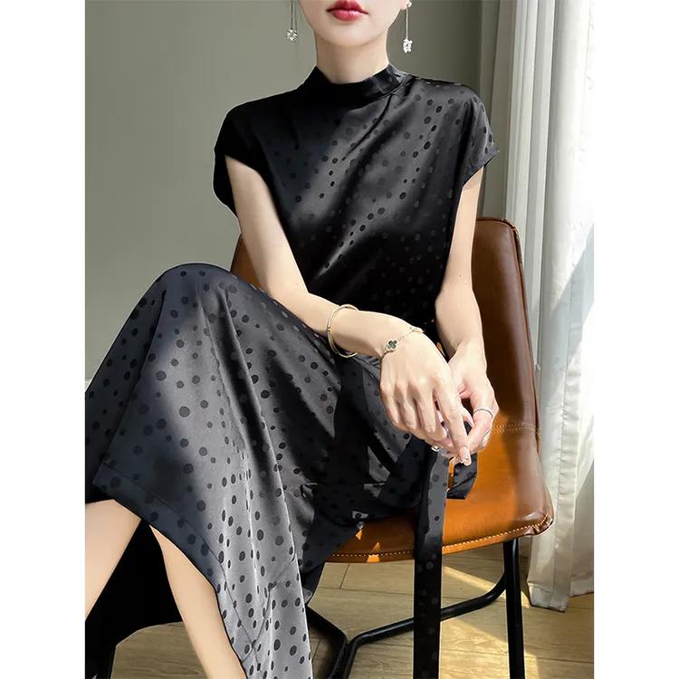 法式立领连衣裙夏季新款缎面精致优雅显瘦气场强大高级感女装长裙