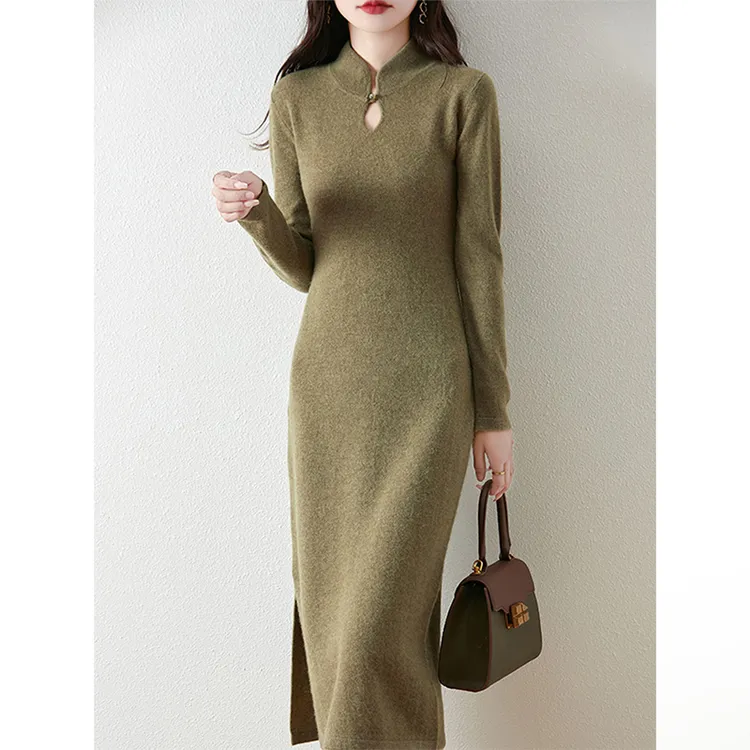 中国风旗袍领纯羊毛连衣裙女新中式优雅减龄侧开叉针织毛衣裙长裙
