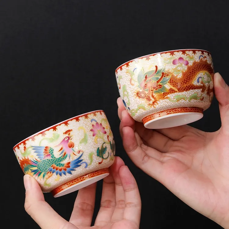 德化珐琅彩鎏金主人杯龙凤对杯功夫茶具套装陶瓷茶杯子品茗杯送礼