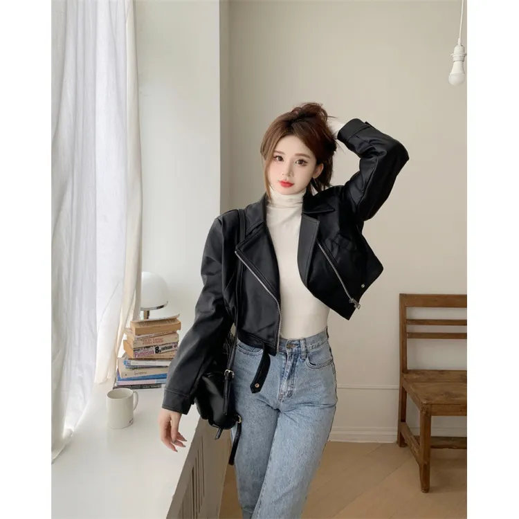 黑色PU机车皮衣外套女短款2024网红新款西装领拉链长袖夹克上衣潮