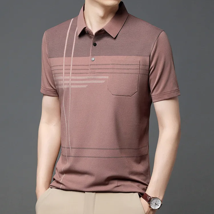 男士夏季高档条纹短袖T恤中年爸爸装翻领Polo衫休闲商务薄款半袖