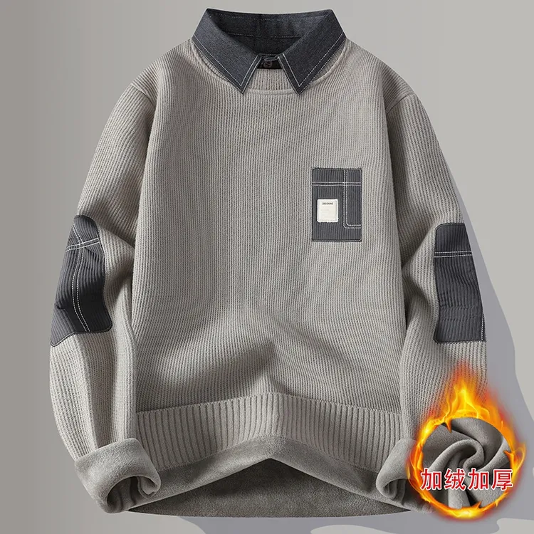新款衬衫领假两件毛衣男士秋冬季加绒加厚保暖内搭打底潮流针织衫