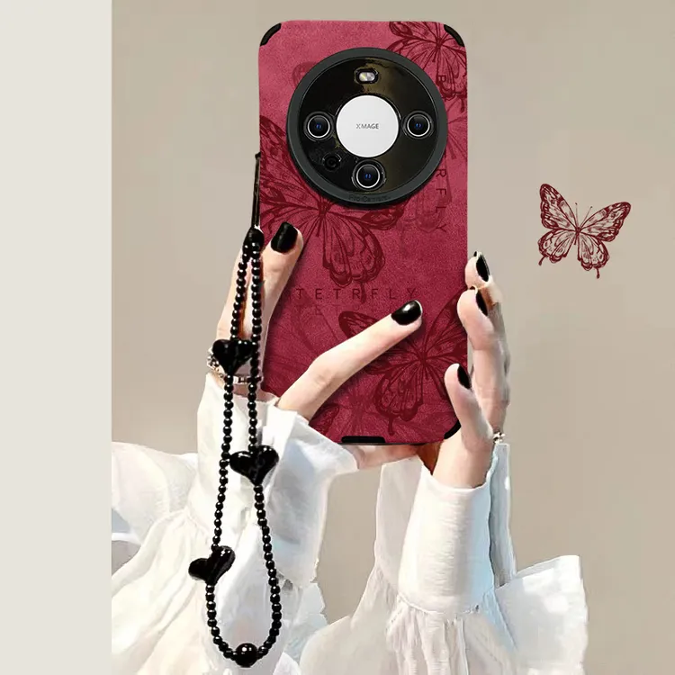 适用华为Mate60手机壳瞳眼皮质复古线条蝴蝶女创意全包防摔ins