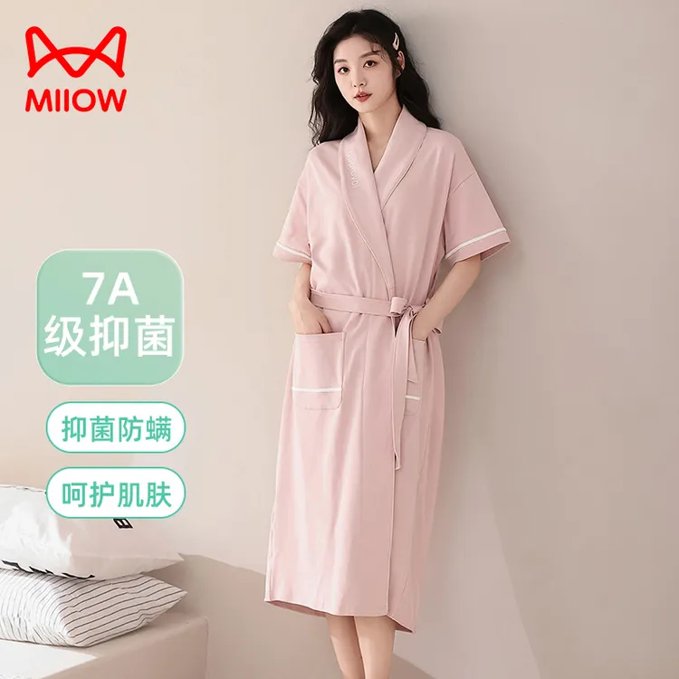 MiiOW/猫人睡袍女款纯棉短袖夏季抗菌大码浴袍中长款晨袍女款春秋