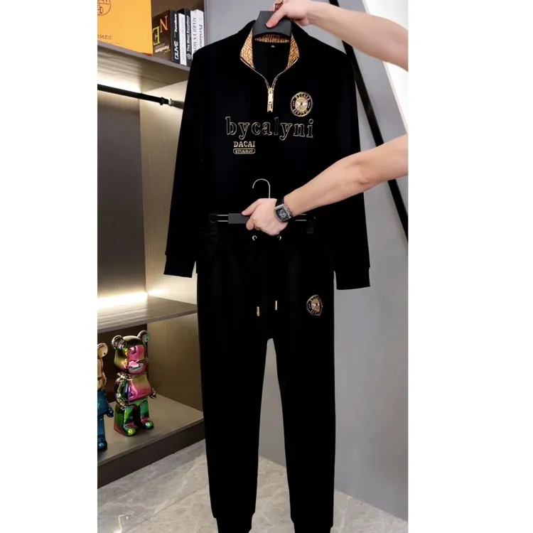 2024新款夏季男士立领休闲卫长裤套装轻奢时尚两件套潮流潮男套装