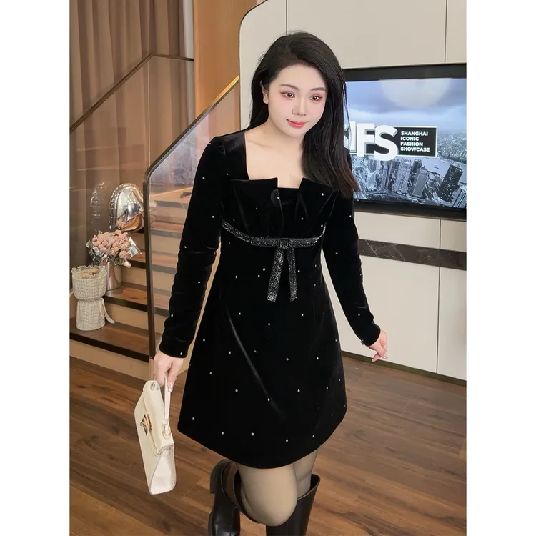 大梦微胖春季黑裙【DM335】赫本风遮肚气质显瘦时尚轻奢长袖连衣裙