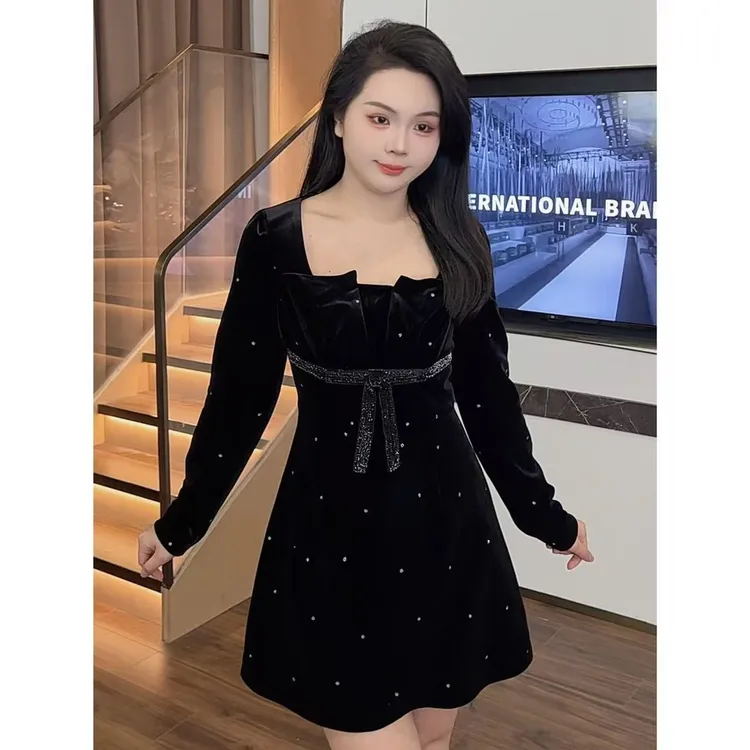 大梦微胖秋季黑裙【DM335】新款赫本风遮肚气质显瘦时尚长袖连衣裙