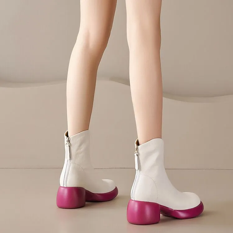 春秋单靴秋冬皮靴圆头鞋粗跟高跟短靴女厚底米白色靴子真皮女靴ZC