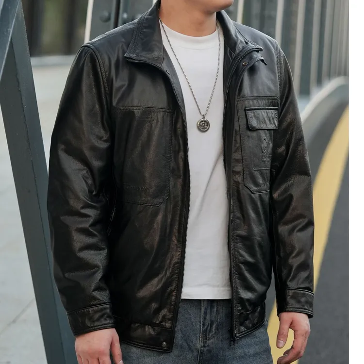 春秋冬新款男头层小牛皮衣外套可脱卸宽松潮流黑色休闲百搭时尚