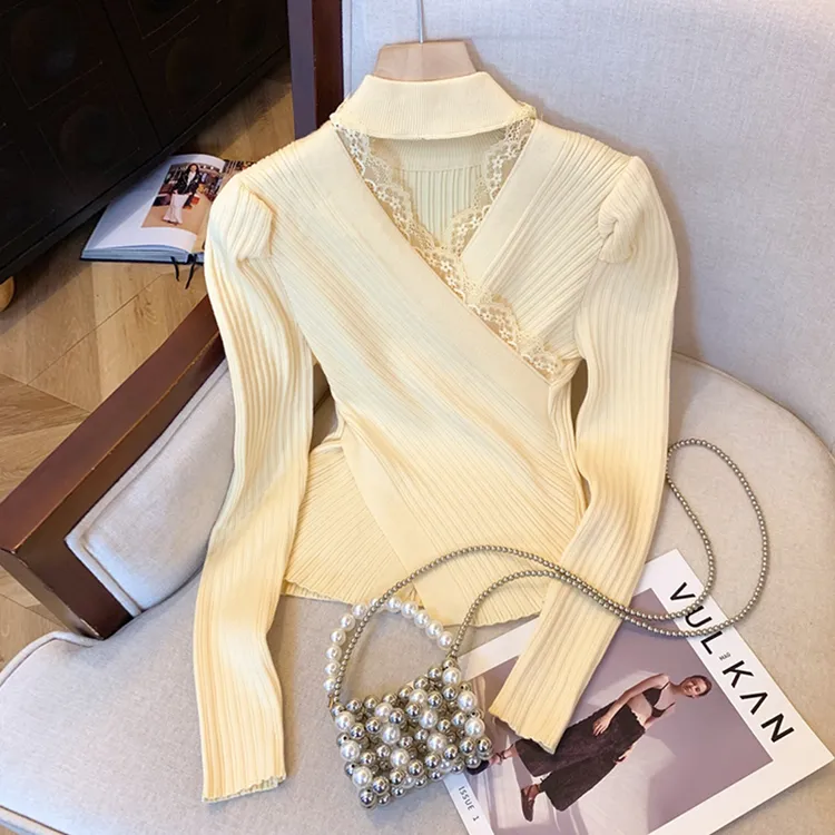 法式纯欲性感蕾丝针织打底衫女秋冬新款拼接V领交叉内搭毛衣上衣