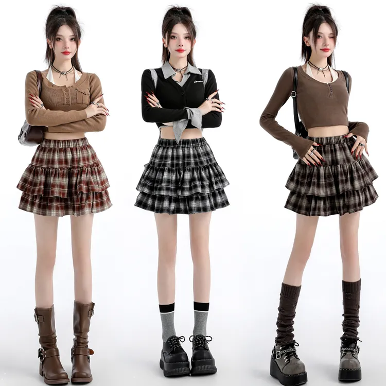 格子毛呢半身裙秋冬2025新款高腰A字裙显瘦蛋糕裙辣妹蓬蓬短裙